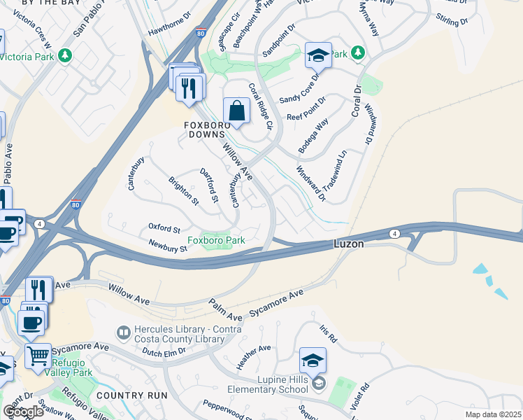 map of restaurants, bars, coffee shops, grocery stores, and more near 123 Coventry in Hercules