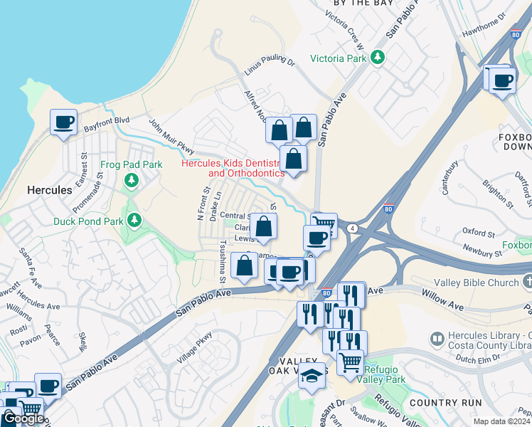 map of restaurants, bars, coffee shops, grocery stores, and more near 2006 Serra Lane in Hercules