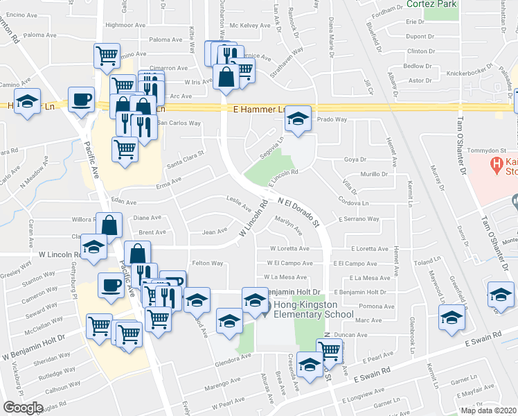 map of restaurants, bars, coffee shops, grocery stores, and more near 350 West Lincoln Road in Stockton
