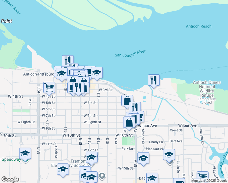 map of restaurants, bars, coffee shops, grocery stores, and more near 201 West 3rd Street in Antioch