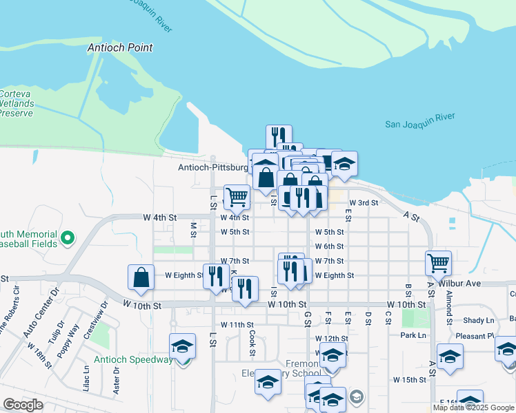 map of restaurants, bars, coffee shops, grocery stores, and more near 807 West 3rd Street in Antioch