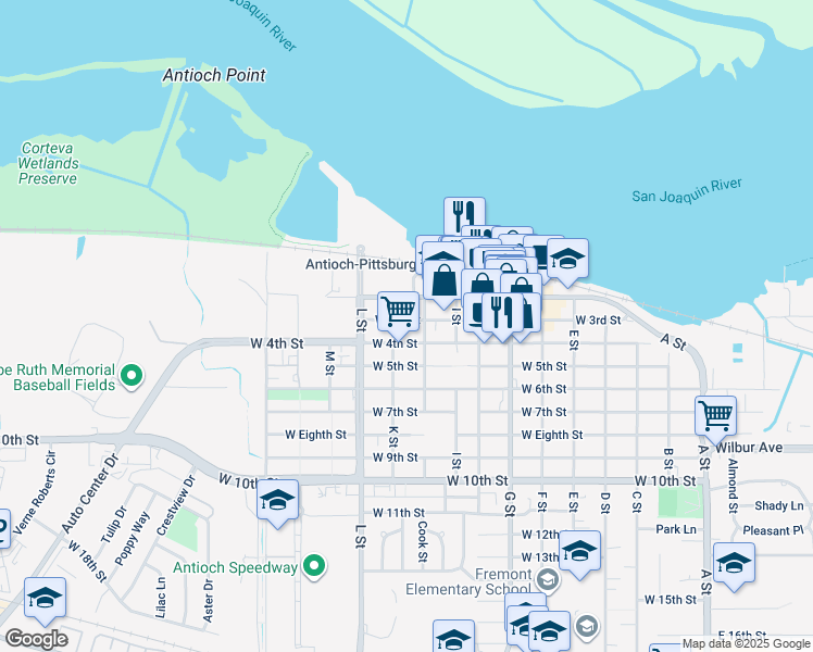 map of restaurants, bars, coffee shops, grocery stores, and more near 913 West 3rd Street in Antioch