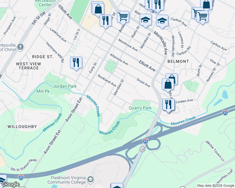 map of restaurants, bars, coffee shops, grocery stores, and more near 908 Rockland Avenue in Charlottesville