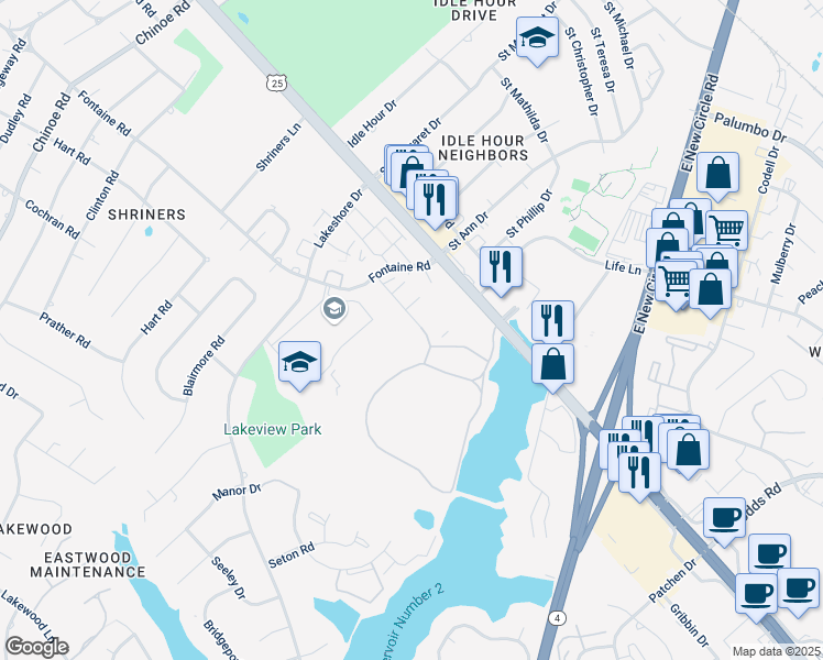 map of restaurants, bars, coffee shops, grocery stores, and more near 2248 Dinsmore Drive in Lexington