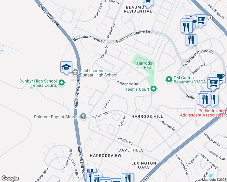 map of restaurants, bars, coffee shops, grocery stores, and more near 3348 Lyon Drive in Lexington