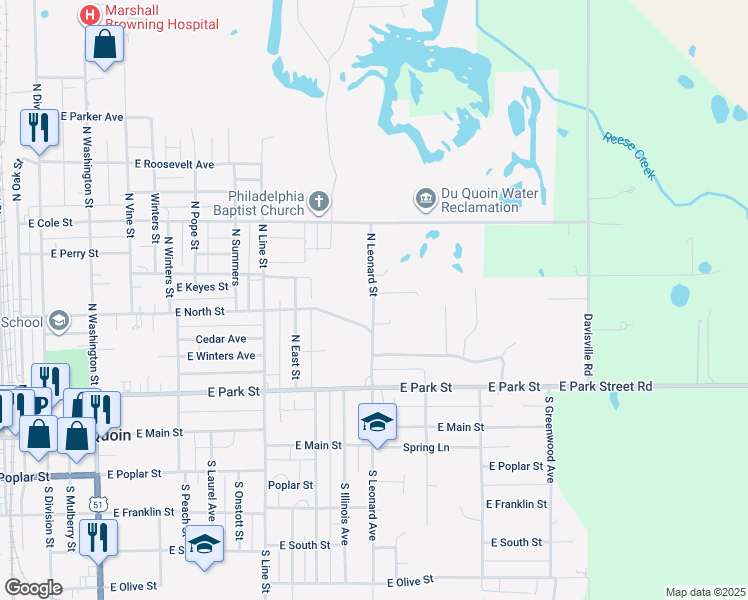 map of restaurants, bars, coffee shops, grocery stores, and more near 279-339 N Leonard Ave in Du Quoin