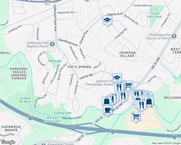 map of restaurants, bars, coffee shops, grocery stores, and more near 121 Harris Road in Charlottesville