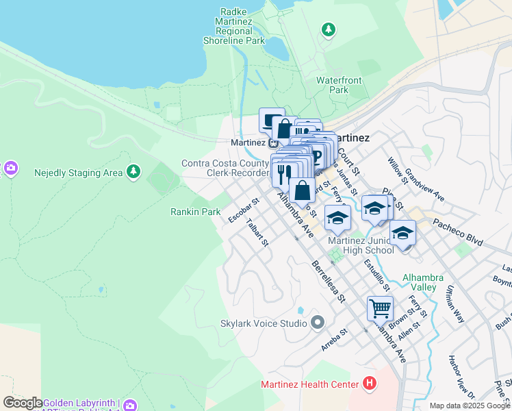 map of restaurants, bars, coffee shops, grocery stores, and more near 221 Escobar Street in Martinez