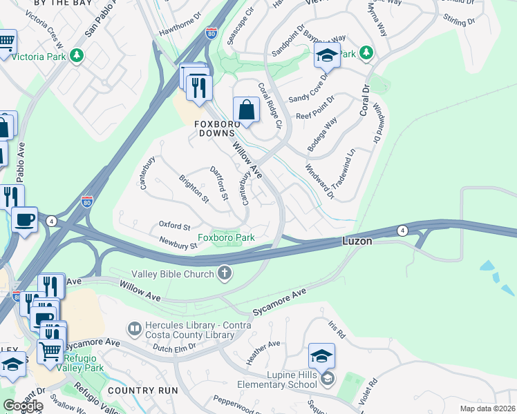 map of restaurants, bars, coffee shops, grocery stores, and more near 1 Davenport in Hercules