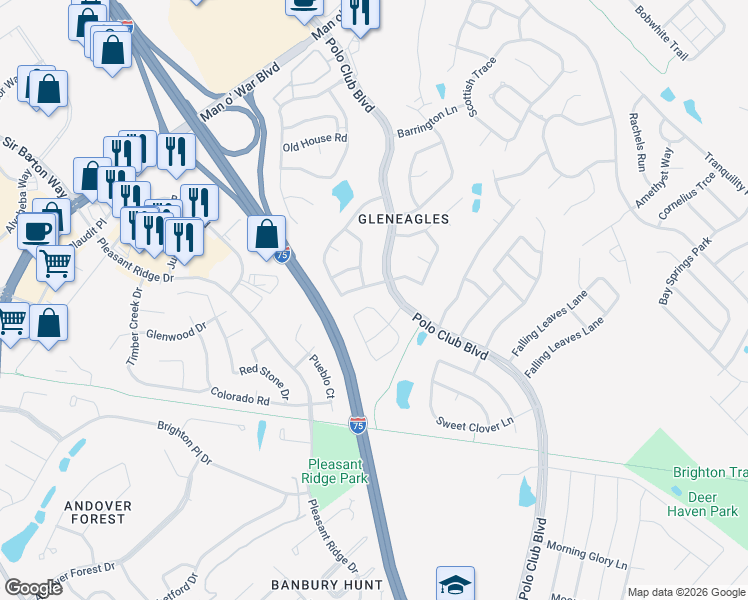 map of restaurants, bars, coffee shops, grocery stores, and more near 3212 Polo Club Boulevard in Lexington