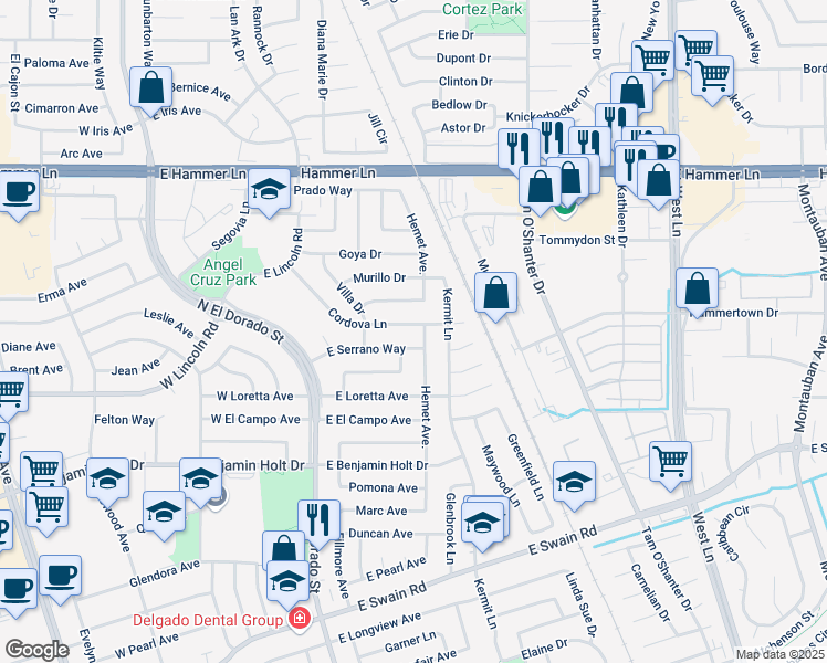 map of restaurants, bars, coffee shops, grocery stores, and more near 426 Cordova Lane in Stockton