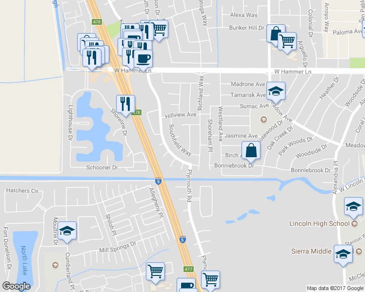 map of restaurants, bars, coffee shops, grocery stores, and more near 7222 Southfield Way in Stockton