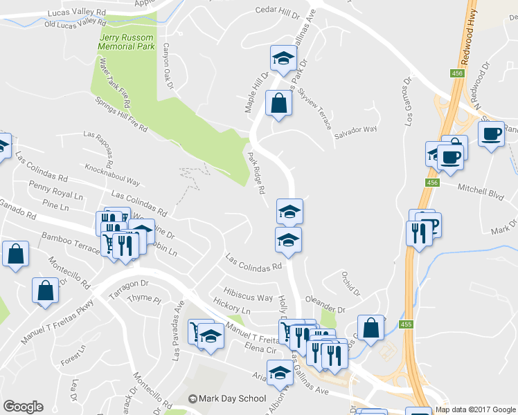 map of restaurants, bars, coffee shops, grocery stores, and more near 48 Park Ridge Road in San Rafael