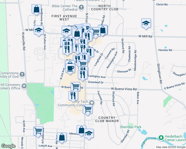 map of restaurants, bars, coffee shops, grocery stores, and more near 613 Lexington Road in Evansville