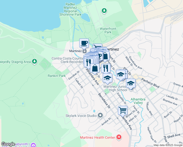 map of restaurants, bars, coffee shops, grocery stores, and more near 735 Alhambra Avenue in Martinez