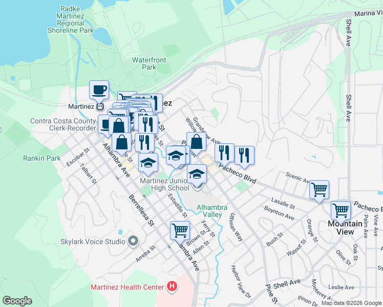 map of restaurants, bars, coffee shops, grocery stores, and more near 1133 Court Street in Martinez