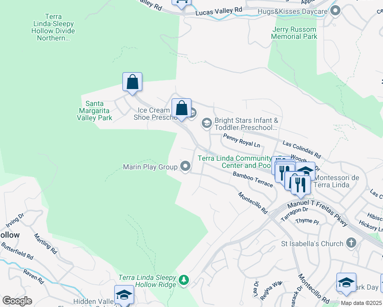 map of restaurants, bars, coffee shops, grocery stores, and more near 9 Bolanos Drive in San Rafael