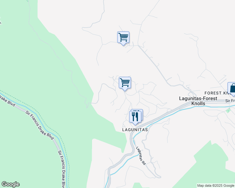 map of restaurants, bars, coffee shops, grocery stores, and more near 145 Alta Terrace in Lagunitas-Forest Knolls