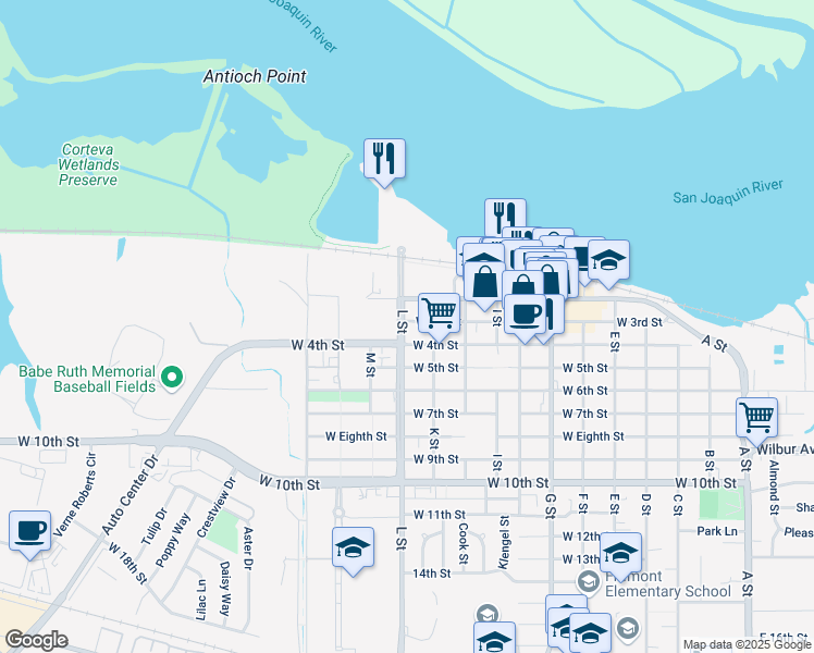 map of restaurants, bars, coffee shops, grocery stores, and more near 1023 West 3rd Street in Antioch