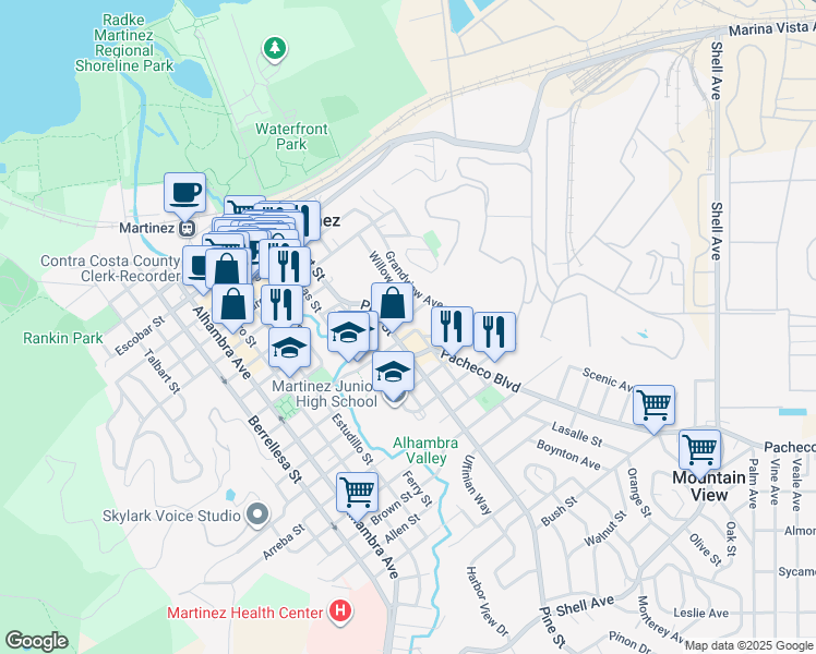 map of restaurants, bars, coffee shops, grocery stores, and more near 1125 Susana Street in Martinez