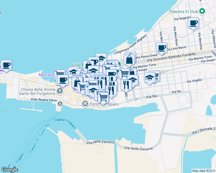map of restaurants, bars, coffee shops, grocery stores, and more near 24-62 Via Giudecca in Trapani
