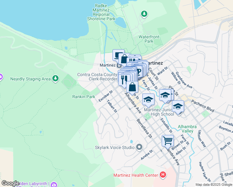 map of restaurants, bars, coffee shops, grocery stores, and more near 622 Berrellesa Street in Martinez