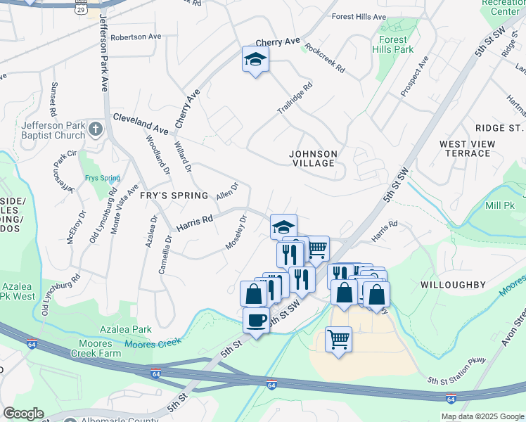 map of restaurants, bars, coffee shops, grocery stores, and more near 309 Harris Road in Charlottesville