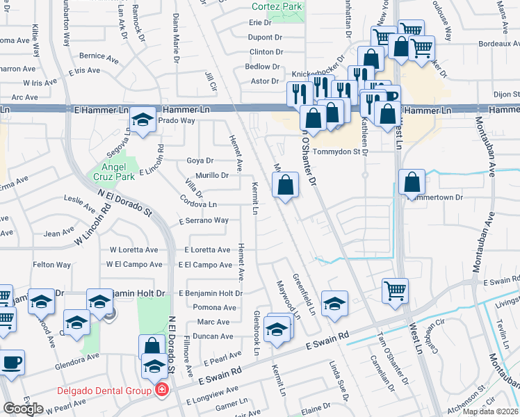 map of restaurants, bars, coffee shops, grocery stores, and more near 602 Cordova Lane in Stockton