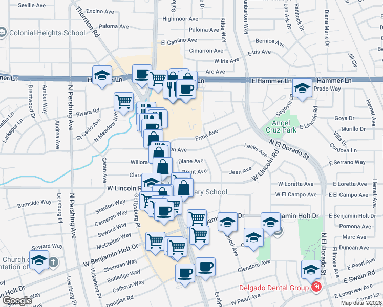 map of restaurants, bars, coffee shops, grocery stores, and more near 712 Edan Avenue in Stockton