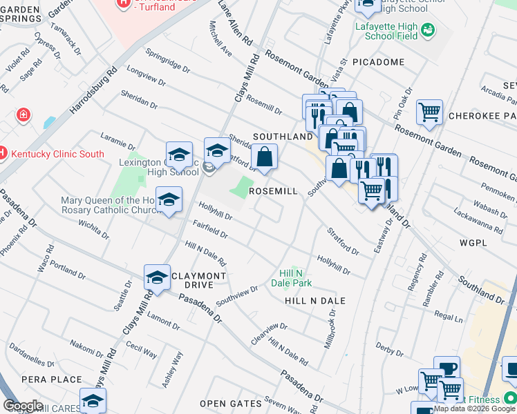 map of restaurants, bars, coffee shops, grocery stores, and more near 2336 Southgate Drive in Lexington