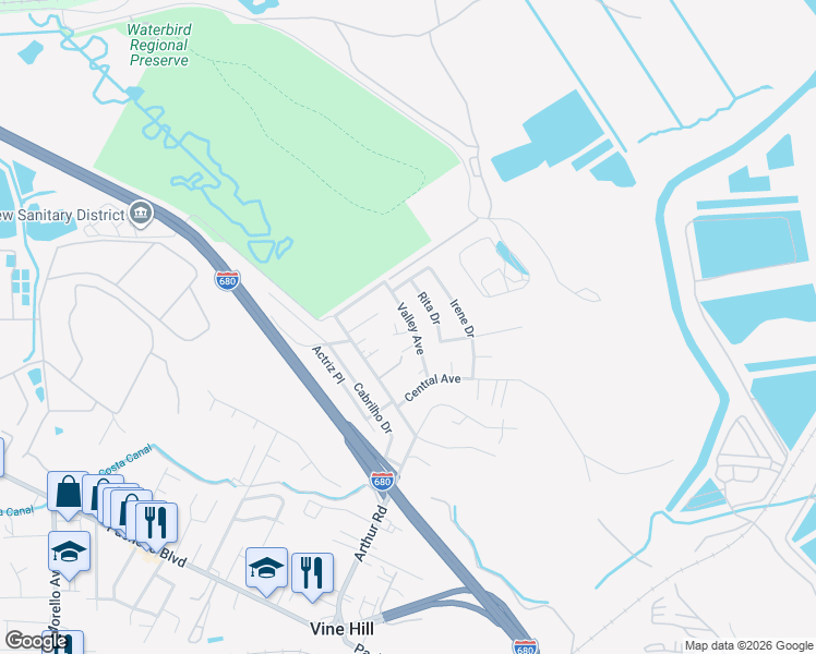 map of restaurants, bars, coffee shops, grocery stores, and more near 4198 Valley Avenue in Martinez