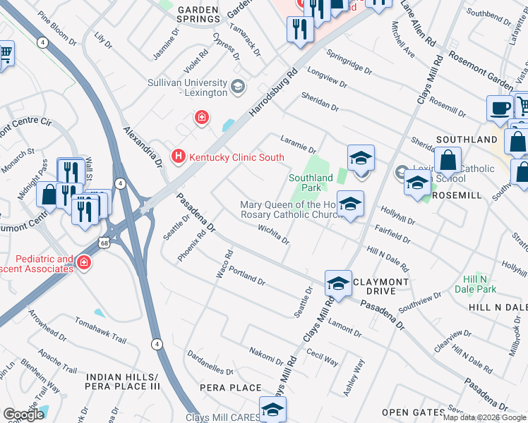 map of restaurants, bars, coffee shops, grocery stores, and more near 662 Hill N Dale Road in Lexington