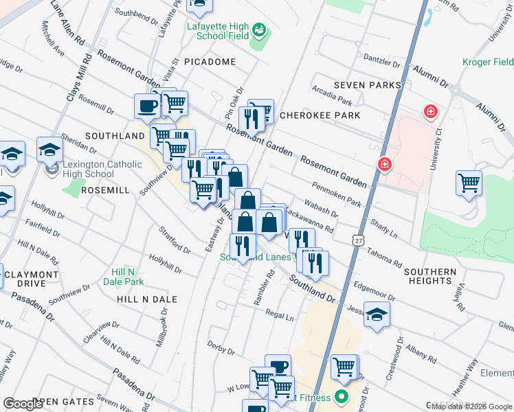 map of restaurants, bars, coffee shops, grocery stores, and more near 171 Goodrich Avenue in Lexington