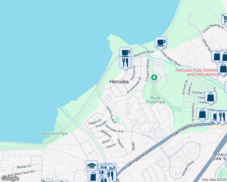 map of restaurants, bars, coffee shops, grocery stores, and more near 1021 Park Street in Hercules