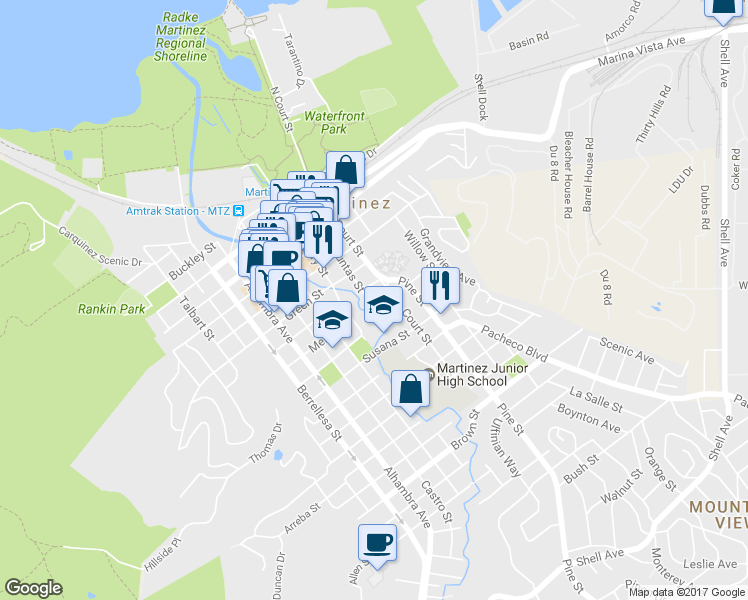 map of restaurants, bars, coffee shops, grocery stores, and more near 909 Mellus Street in Martinez