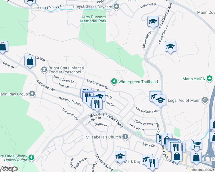 map of restaurants, bars, coffee shops, grocery stores, and more near 612 Las Colindas Road in San Rafael