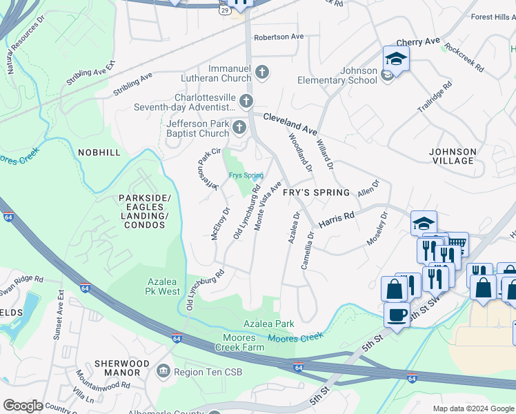 map of restaurants, bars, coffee shops, grocery stores, and more near 207 Monte Vista Avenue in Charlottesville
