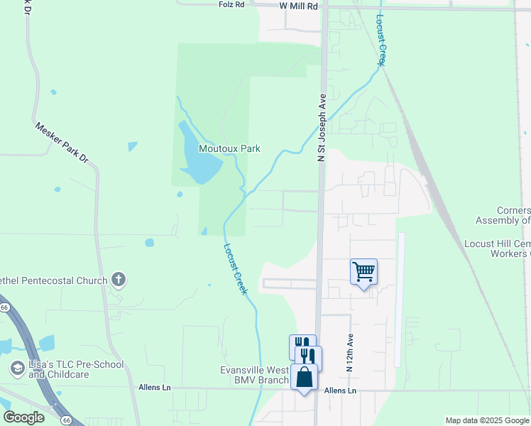 map of restaurants, bars, coffee shops, grocery stores, and more near 2524 Lexington Road in Evansville