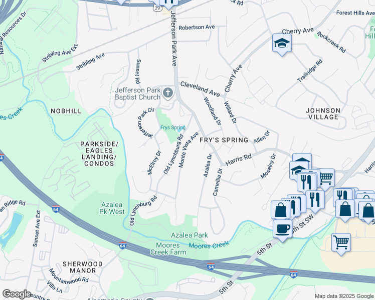 map of restaurants, bars, coffee shops, grocery stores, and more near 207 Monte Vista Avenue in Charlottesville