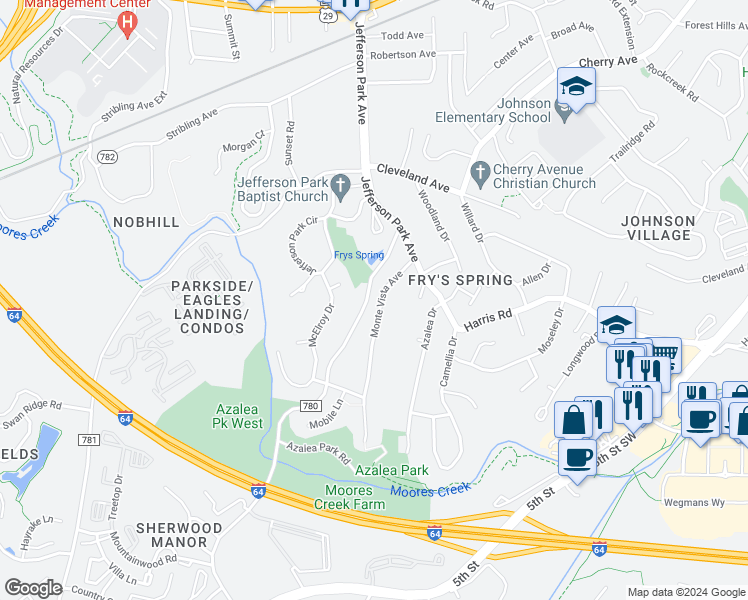 map of restaurants, bars, coffee shops, grocery stores, and more near 207 Monte Vista Avenue in Charlottesville