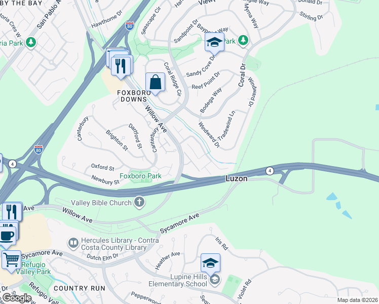 map of restaurants, bars, coffee shops, grocery stores, and more near 123 Coventry in Hercules