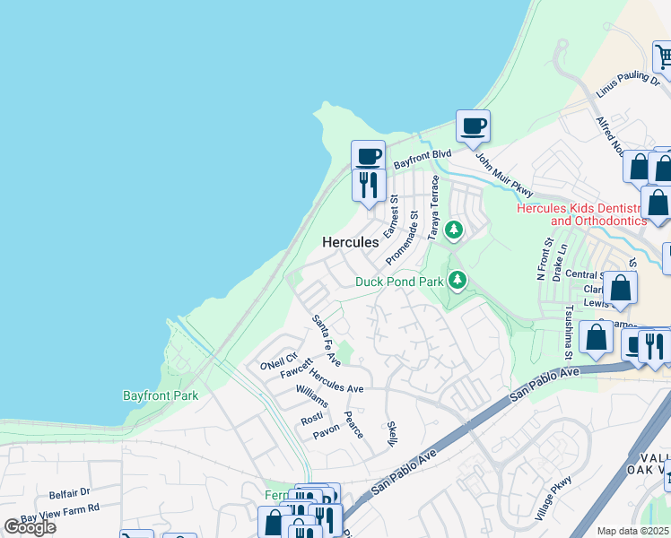 map of restaurants, bars, coffee shops, grocery stores, and more near 1018 Promenade Street in Hercules
