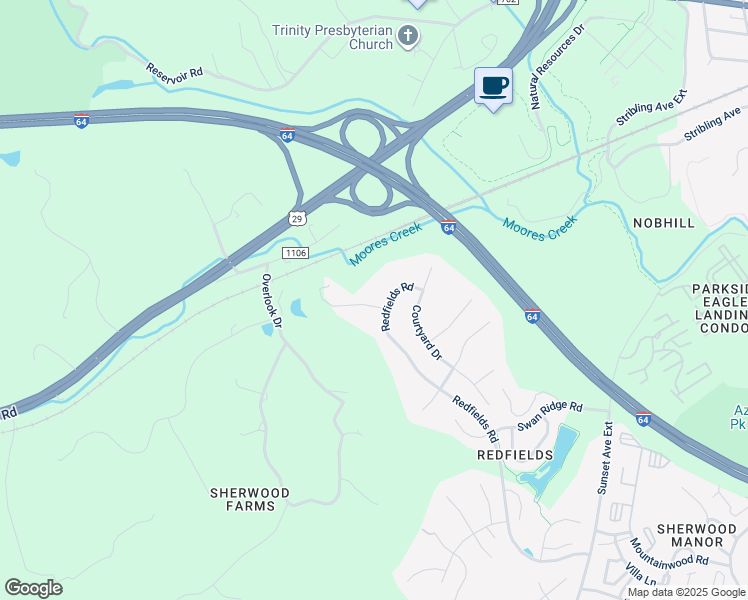 map of restaurants, bars, coffee shops, grocery stores, and more near 1412 Cedarwood Court in Charlottesville