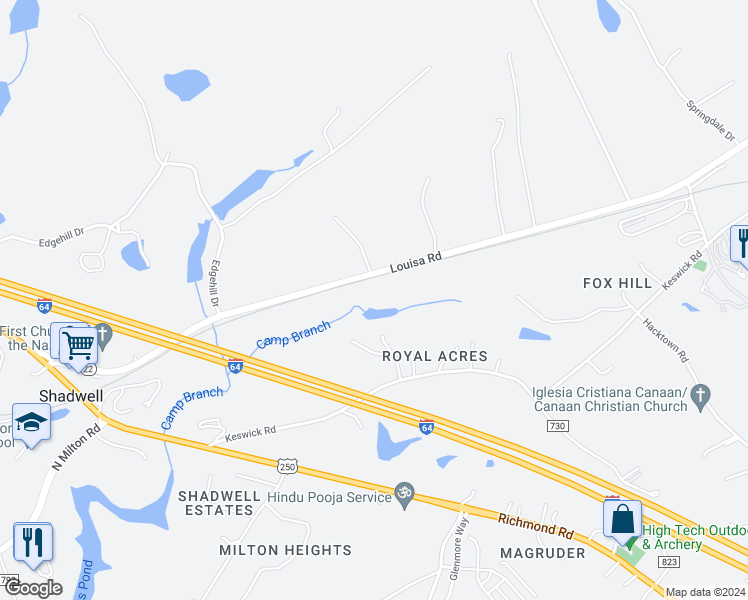 map of restaurants, bars, coffee shops, grocery stores, and more near Keswick Road in Keswick