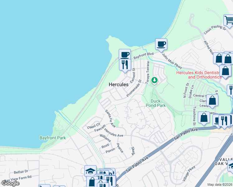 map of restaurants, bars, coffee shops, grocery stores, and more near 1021 Park Street in Hercules