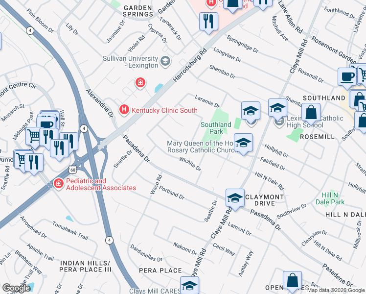 map of restaurants, bars, coffee shops, grocery stores, and more near 662 Hill N Dale Road in Lexington