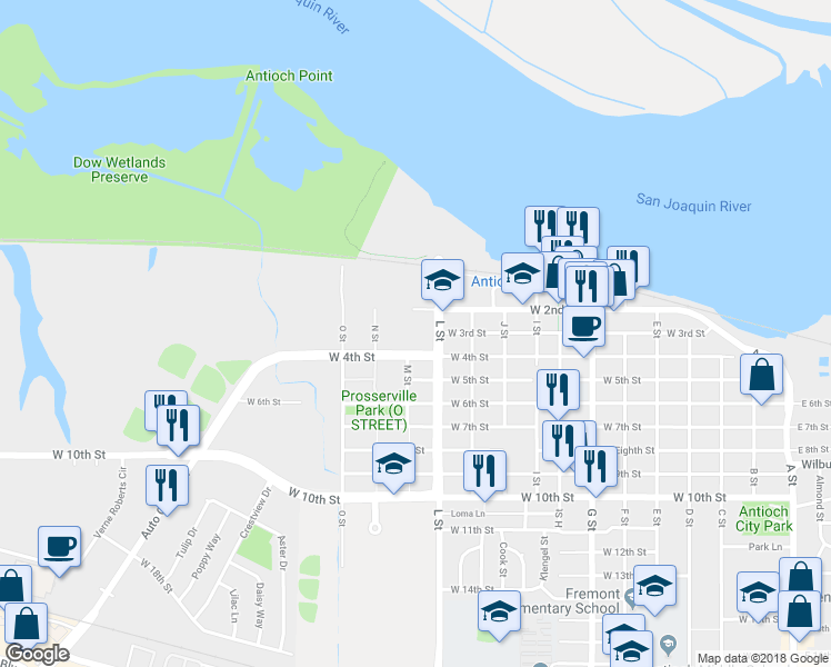 map of restaurants, bars, coffee shops, grocery stores, and more near 300 L Street in Antioch