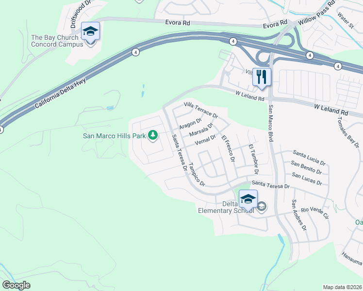 map of restaurants, bars, coffee shops, grocery stores, and more near 2670 Tampico Drive in Bay Point