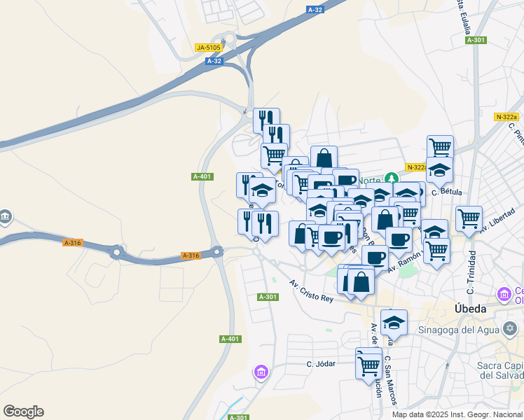 map of restaurants, bars, coffee shops, grocery stores, and more near 12 Calle Donantes de Sangre in Úbeda