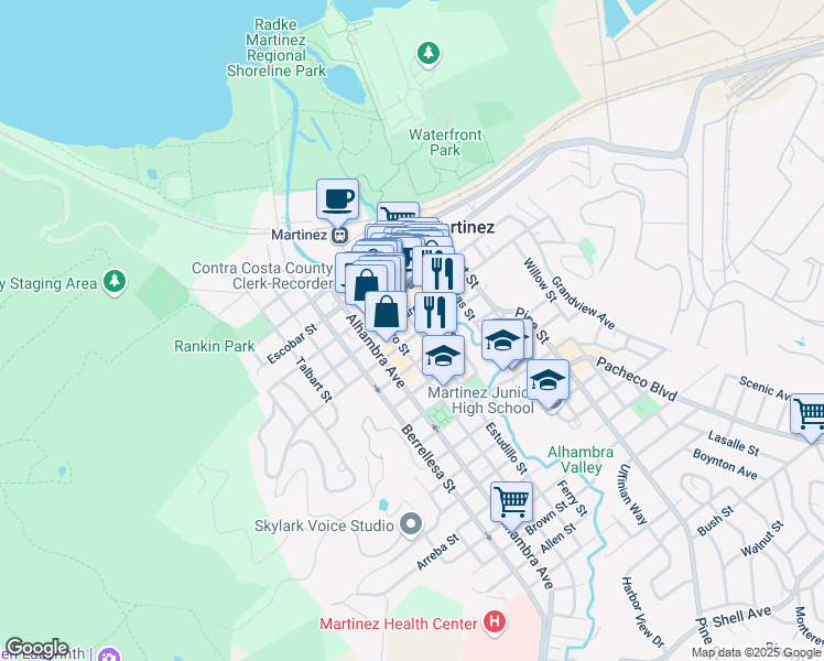 map of restaurants, bars, coffee shops, grocery stores, and more near 645 Green Street in Martinez